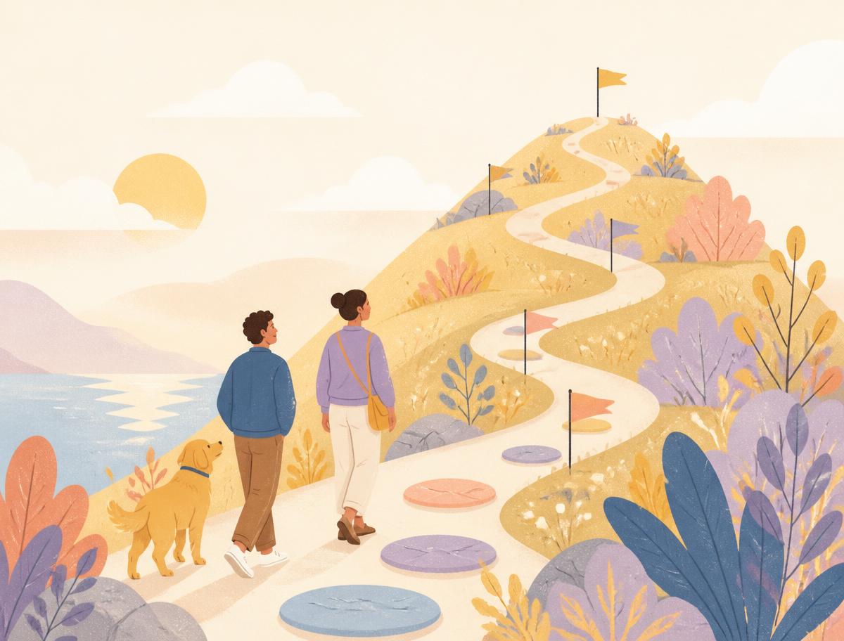 Illustration of two people walking a gentle winding path up a sunlit hill marked with small flags