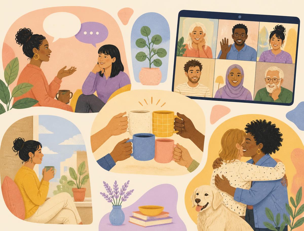 Illustration collage of neurodivergent adults chatting, on a video call, and sharing warm drinks together