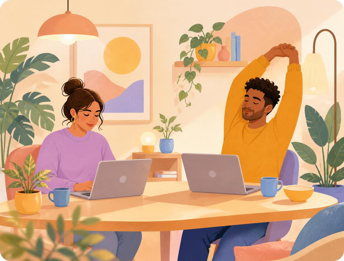 Illustration of two adults body-doubling, working quietly side by side at a sunlit table with plants